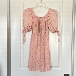 Faithfull the Brand Thea Floral Polka Dot Puff Sleeve Mini Dress Pink NWT